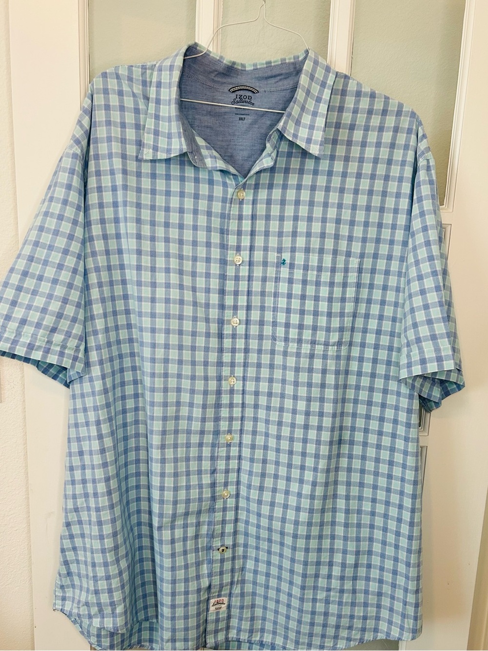 IZOD Saltwater Men's Plaid Button Down Shirt Blue Cotton Short Sleeve Casual Top